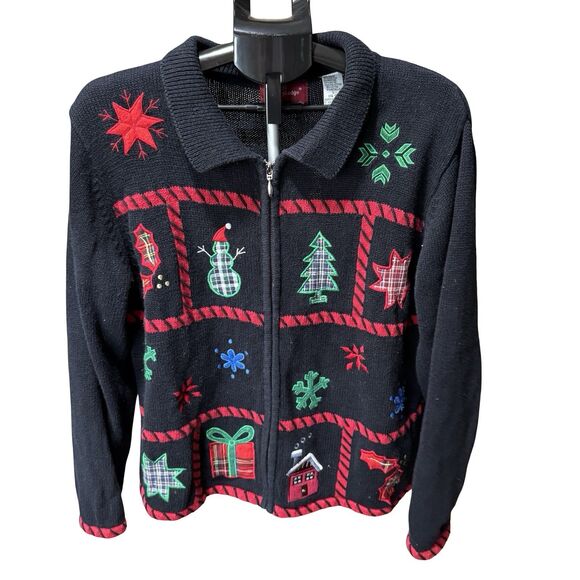 Holiday Lodge Sweaters - Holiday Lodge North Crest Women’s Black Full Zip Christmas Sweater Size Large
